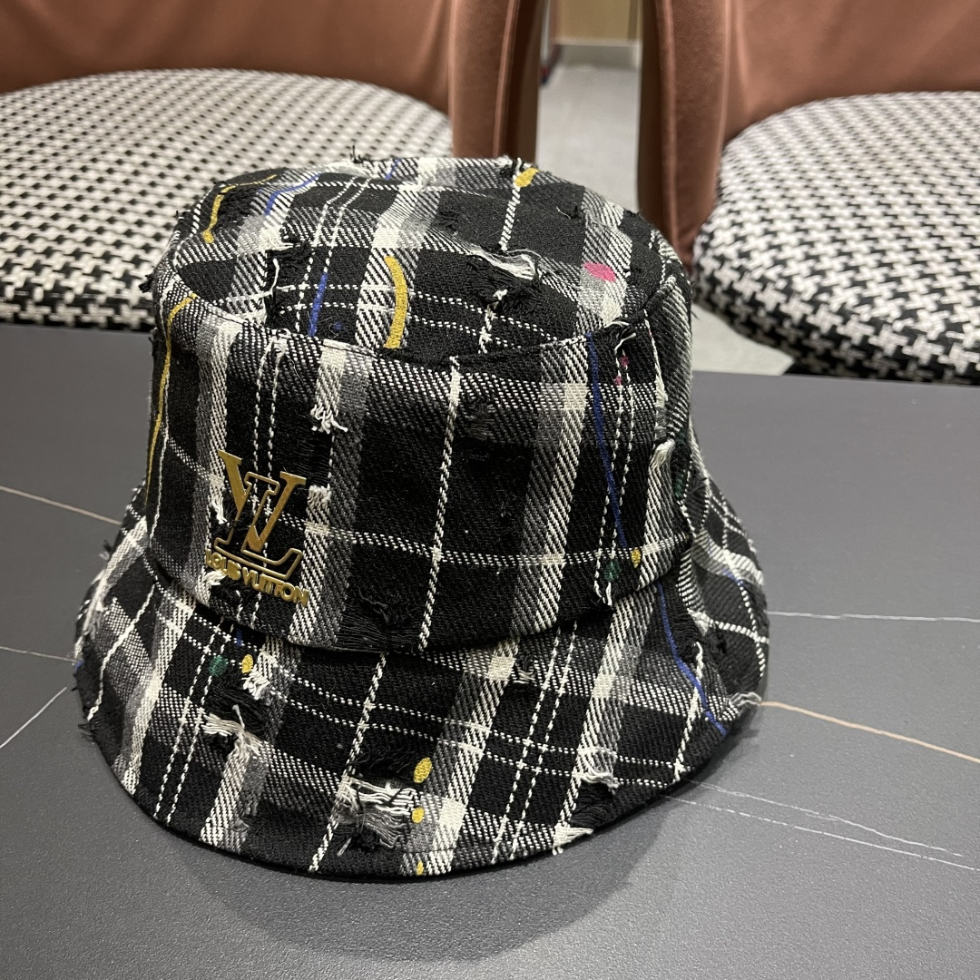 lv路易威登韩版破洞格纹渔夫鞋，女休闲百搭显脸小盆帽