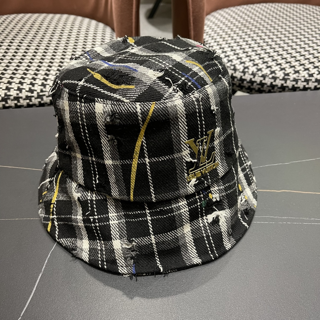 lv路易威登韩版破洞格纹渔夫鞋，女休闲百搭显脸小盆帽