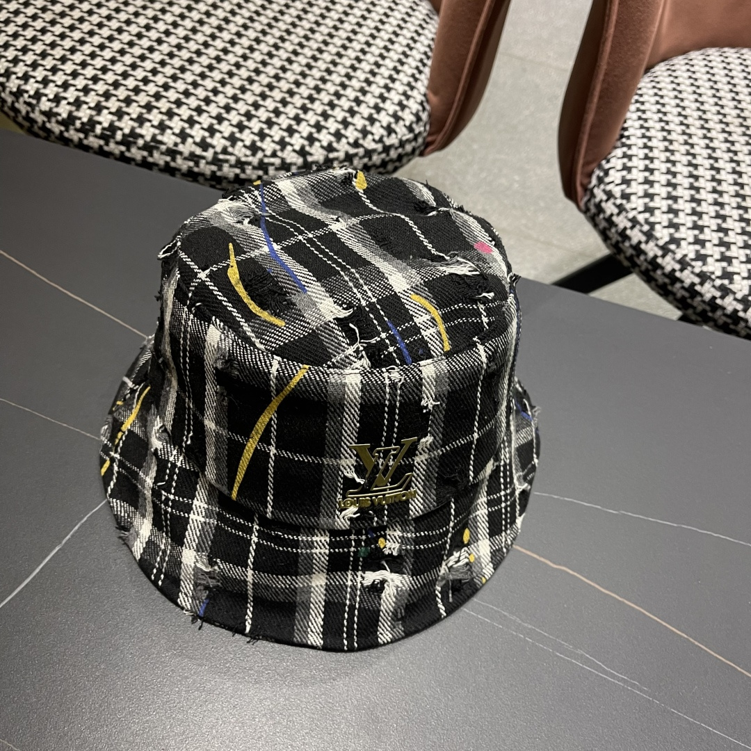 lv路易威登韩版破洞格纹渔夫鞋，女休闲百搭显脸小盆帽