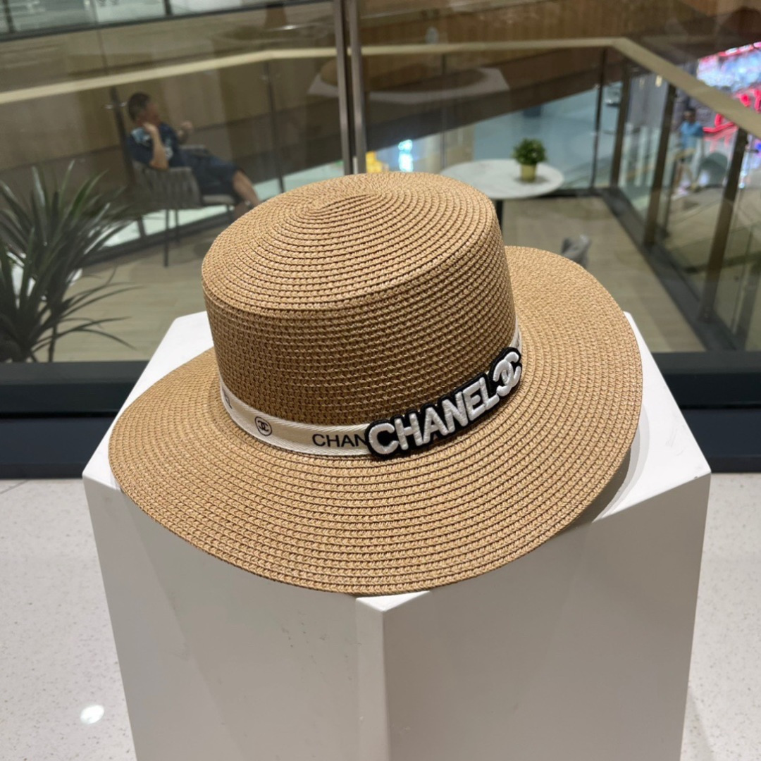  Chanel香奈儿平顶草帽，平顶草帽，头围57cm
