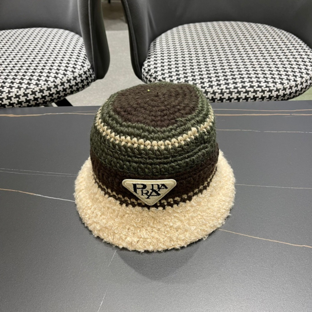 PRADA普拉达 手工毛线帽女秋冬季显脸小百搭保暖护耳渔夫帽水桶帽
