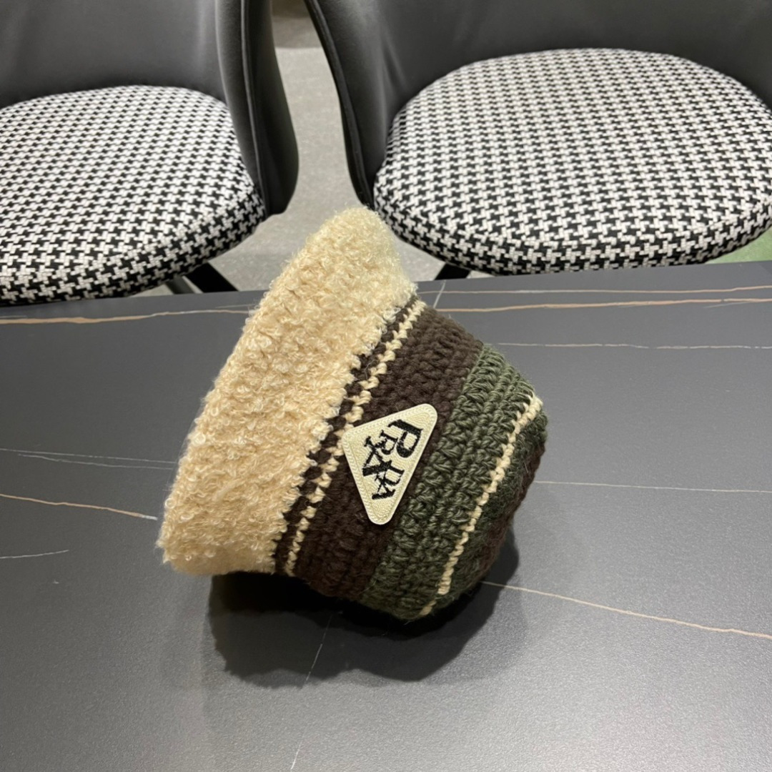 PRADA普拉达 手工毛线帽女秋冬季显脸小百搭保暖护耳渔夫帽水桶帽