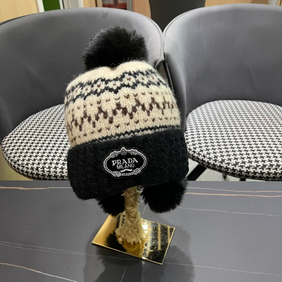  普拉达Prada护耳可爱加绒加厚女可爱保暖针织毛线帽子