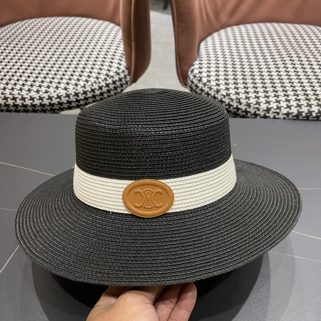 💛【CELINE赛琳】新款草编遮阳草帽盆帽🤩沙滩风，简约大方，百搭单品～出街首选，新款帽型超美腻，新品上