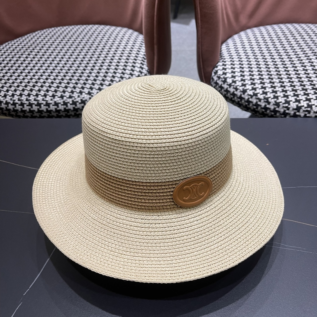 💛【CELINE赛琳】新款草编遮阳草帽盆帽🤩沙滩风，简约大方，百搭单品～出街首选，新款帽型超美腻，新品上