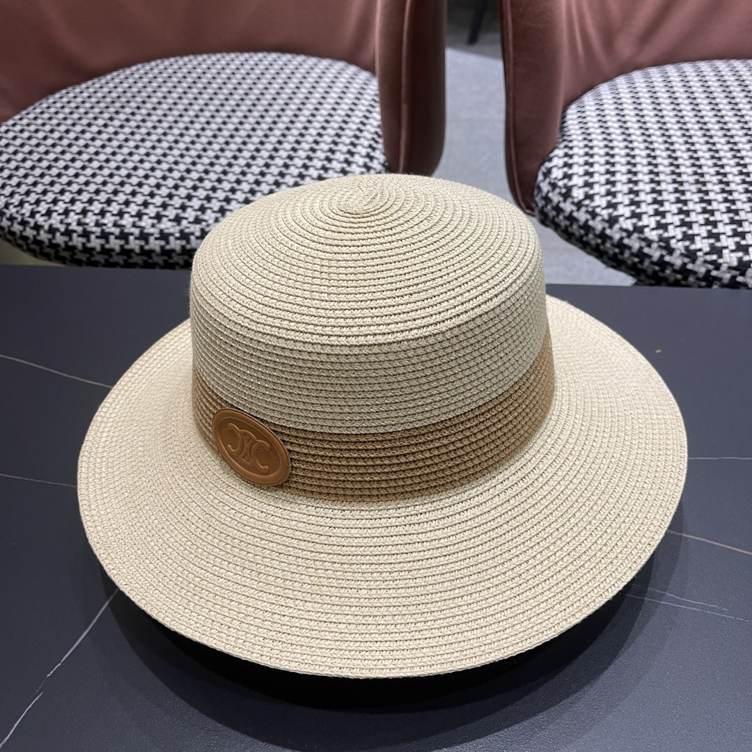 💛【CELINE赛琳】新款草编遮阳草帽盆帽🤩沙滩风，简约大方，百搭单品～出街首选，新款帽型超美腻，新品上
