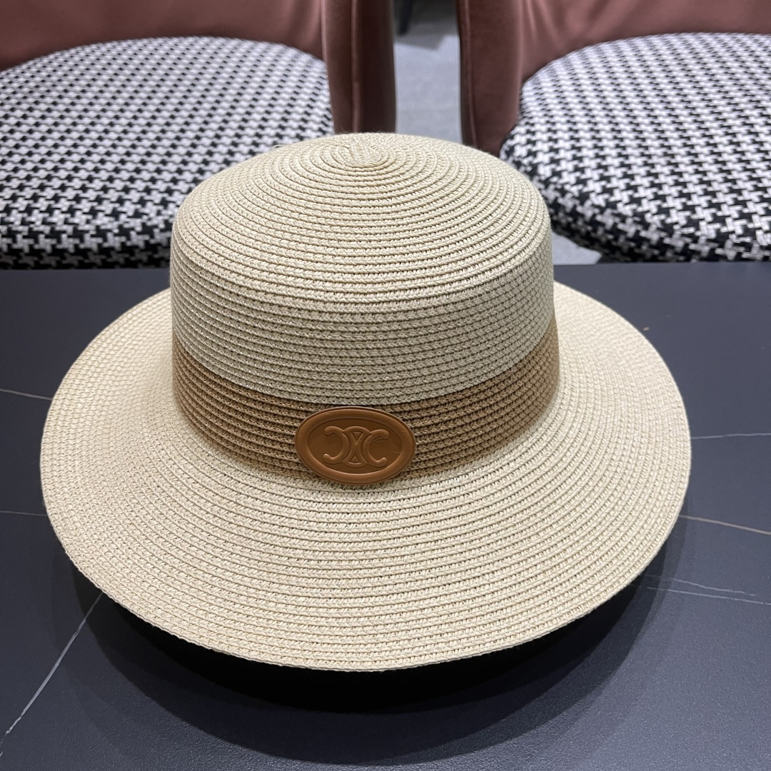 💛【CELINE赛琳】新款草编遮阳草帽盆帽🤩沙滩风，简约大方，百搭单品～出街首选，新款帽型超美腻，新品上