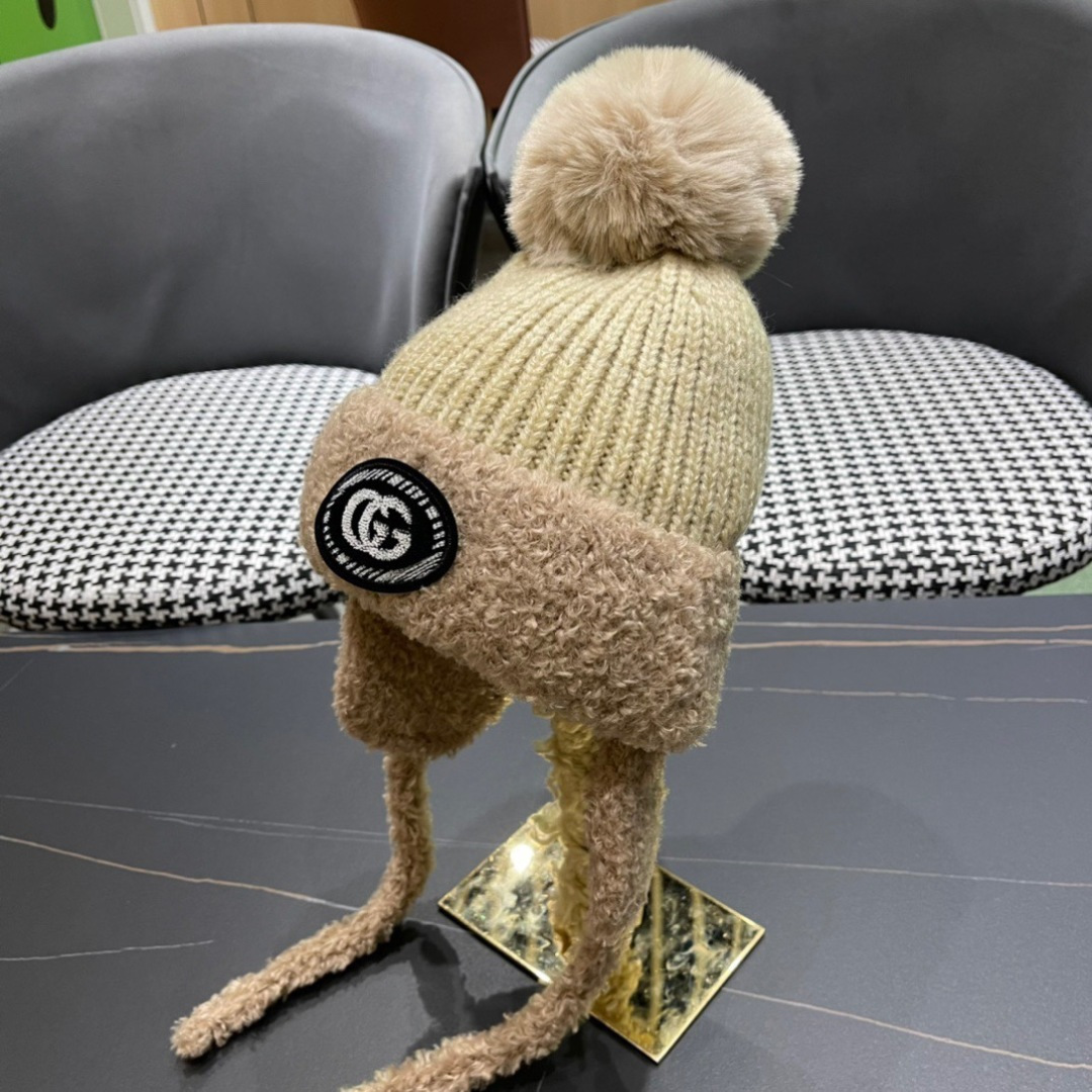  GUCCI古奇 秋冬防寒护耳雷锋帽厚实羊羔绒保暖毛线帽韩版甜美可爱套头帽