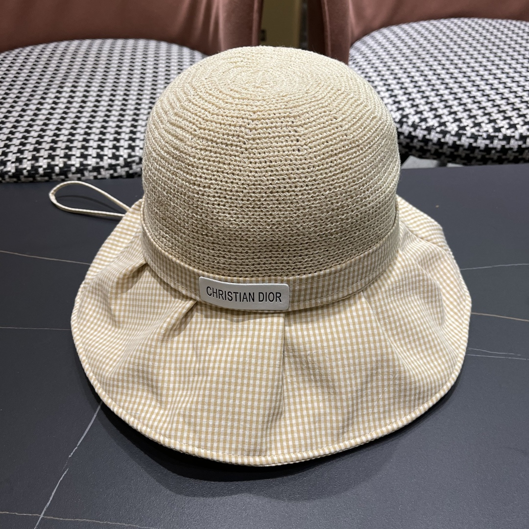  DIOR 迪奥 夏季格子蝴蝶结渔夫帽子女防紫外线大檐遮脸太阳帽
