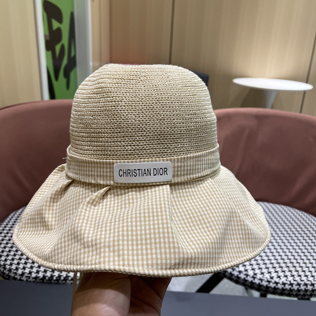  DIOR 迪奥 夏季格子蝴蝶结渔夫帽子女防紫外线大檐遮脸太阳帽