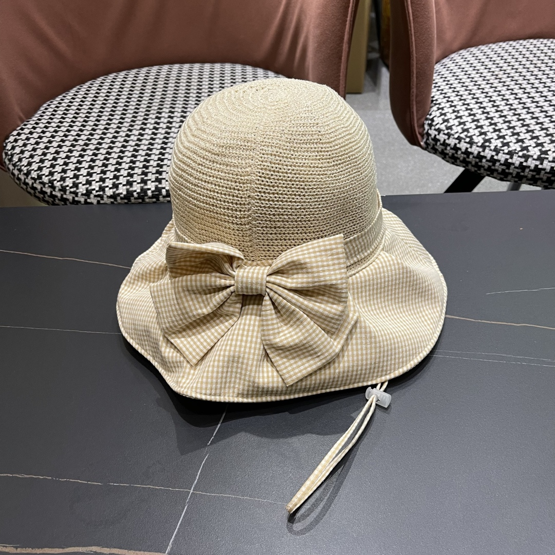  DIOR 迪奥 夏季格子蝴蝶结渔夫帽子女防紫外线大檐遮脸太阳帽