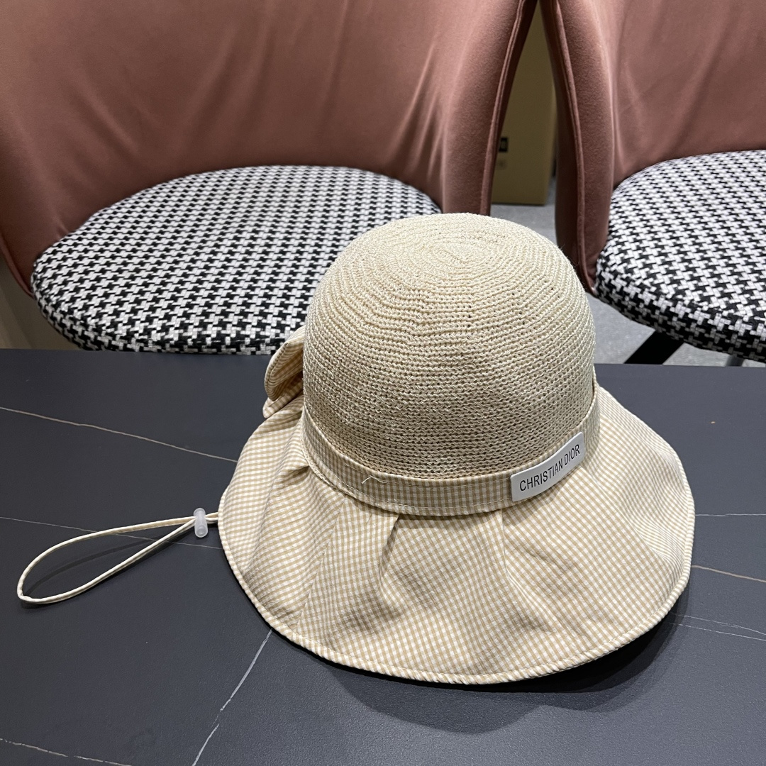  DIOR 迪奥 夏季格子蝴蝶结渔夫帽子女防紫外线大檐遮脸太阳帽