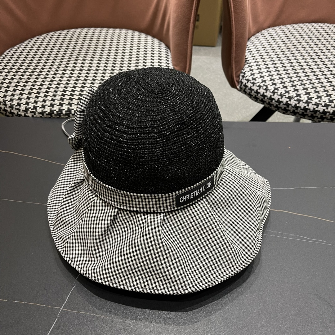 DIOR 迪奥 夏季格子蝴蝶结渔夫帽子女防紫外线大檐遮脸太阳帽