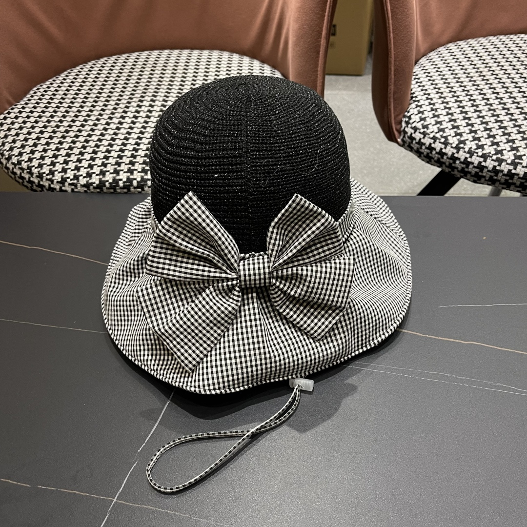  DIOR 迪奥 夏季格子蝴蝶结渔夫帽子女防紫外线大檐遮脸太阳帽