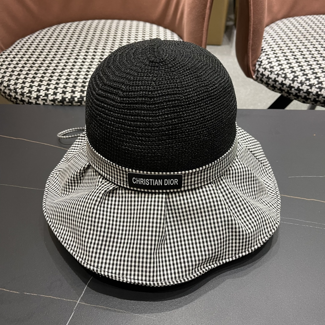  DIOR 迪奥 夏季格子蝴蝶结渔夫帽子女防紫外线大檐遮脸太阳帽