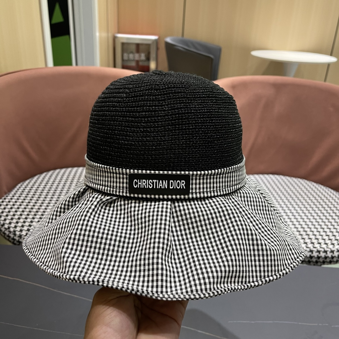  DIOR 迪奥 夏季格子蝴蝶结渔夫帽子女防紫外线大檐遮脸太阳帽