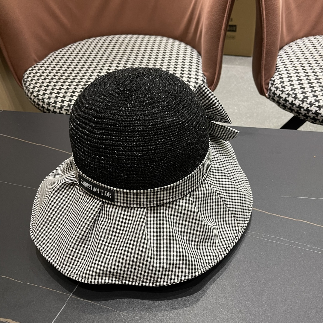  DIOR 迪奥 夏季格子蝴蝶结渔夫帽子女防紫外线大檐遮脸太阳帽