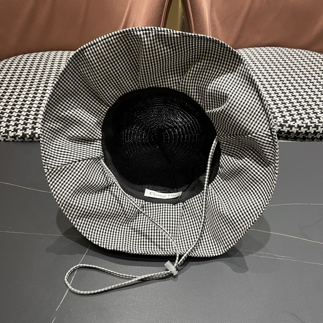  DIOR 迪奥 夏季格子蝴蝶结渔夫帽子女防紫外线大檐遮脸太阳帽
