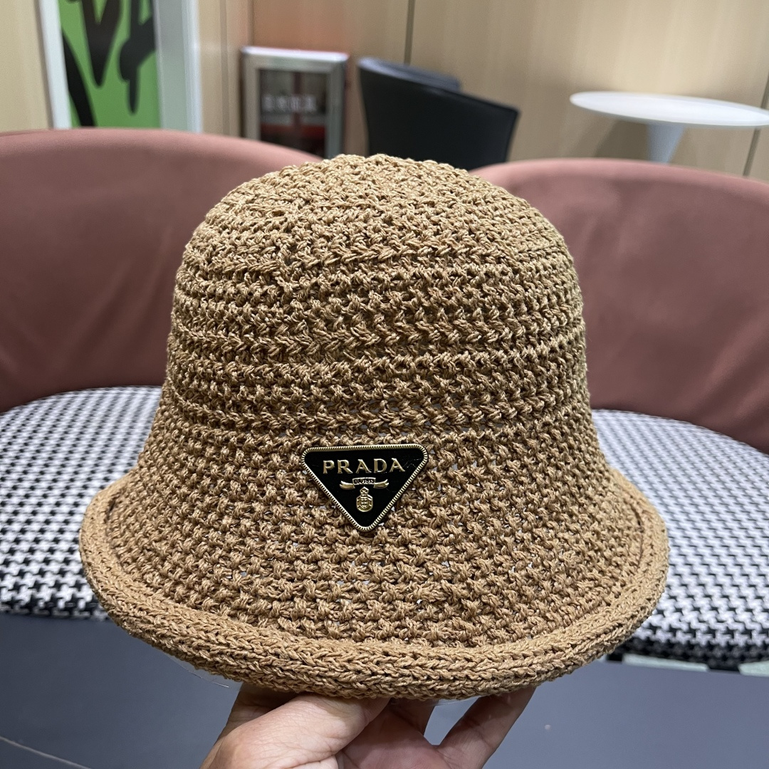 【PRADA普拉达】新款镂空小桶帽渔夫帽，可随意折叠，超好搭