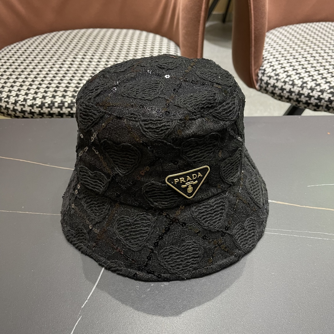  PRADA普拉达 夏季薄款蕾丝亮片显脸小渔夫帽高级感防晒遮阳帽子女夏季百搭太阳帽