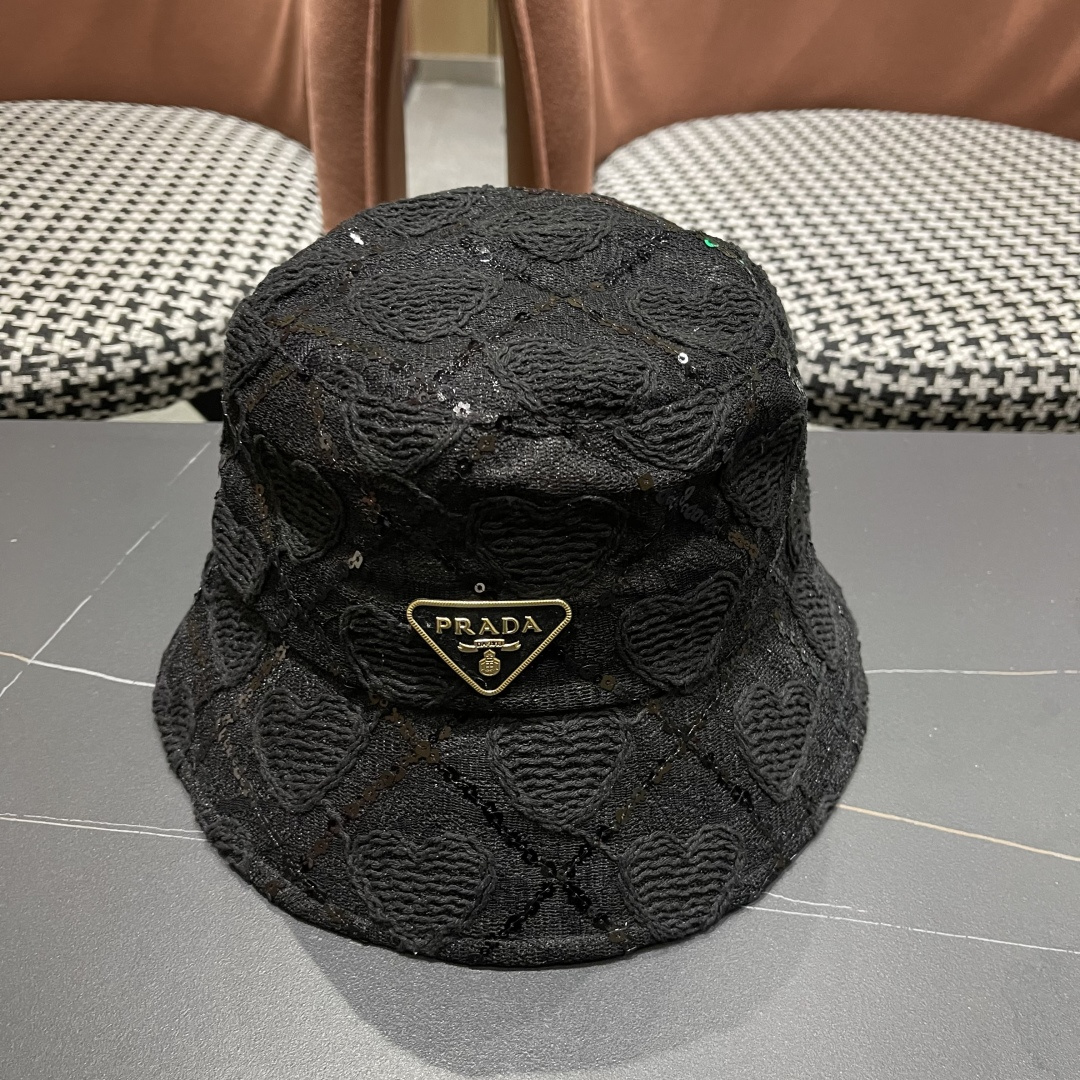  PRADA普拉达 夏季薄款蕾丝亮片显脸小渔夫帽高级感防晒遮阳帽子女夏季百搭太阳帽