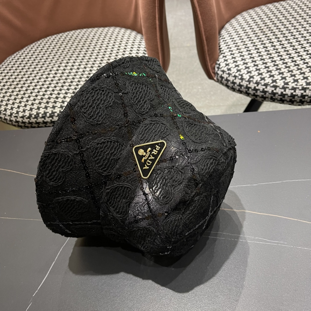  PRADA普拉达 夏季薄款蕾丝亮片显脸小渔夫帽高级感防晒遮阳帽子女夏季百搭太阳帽