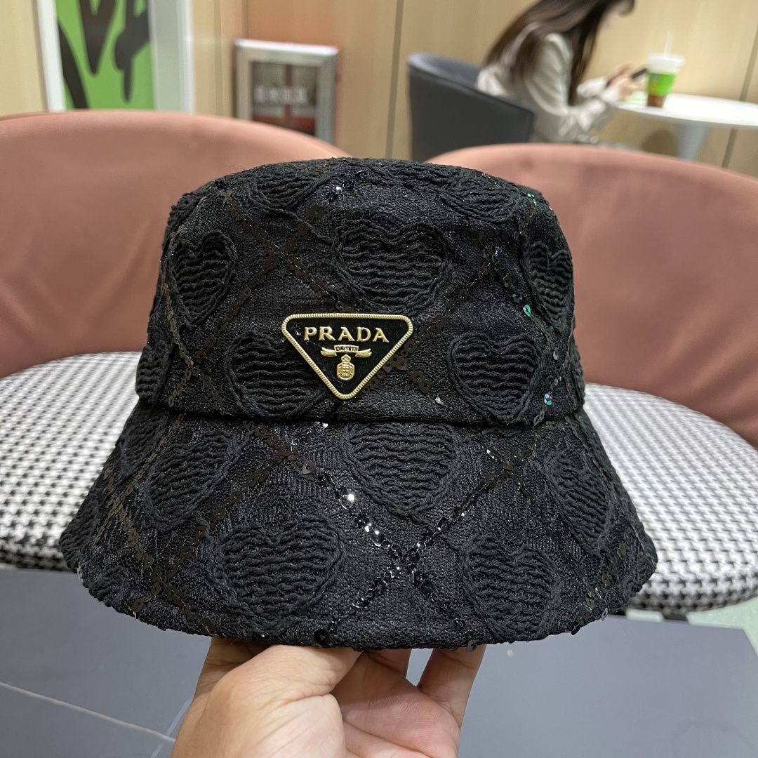  PRADA普拉达 夏季薄款蕾丝亮片显脸小渔夫帽高级感防晒遮阳帽子女夏季百搭太阳帽