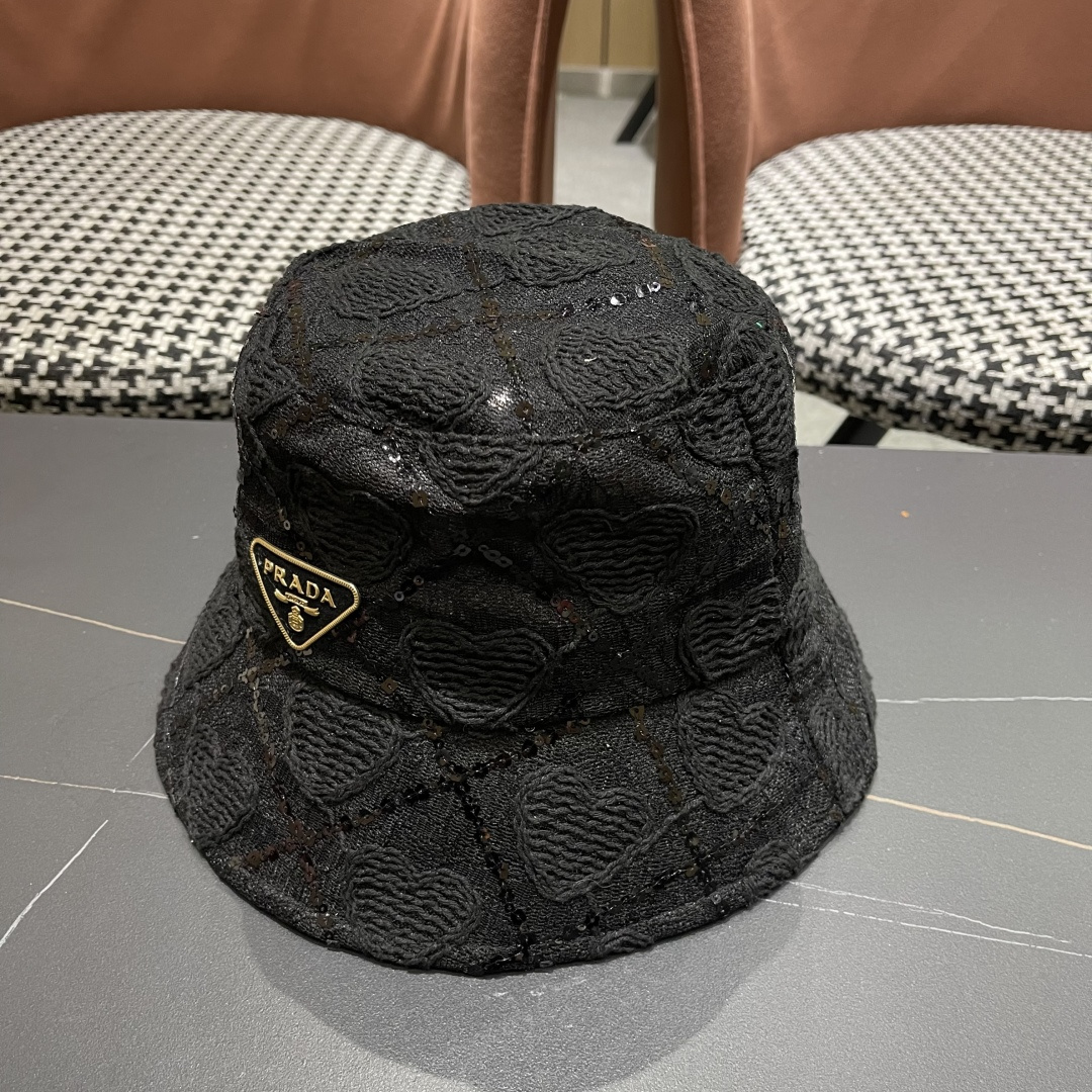  PRADA普拉达 夏季薄款蕾丝亮片显脸小渔夫帽高级感防晒遮阳帽子女夏季百搭太阳帽
