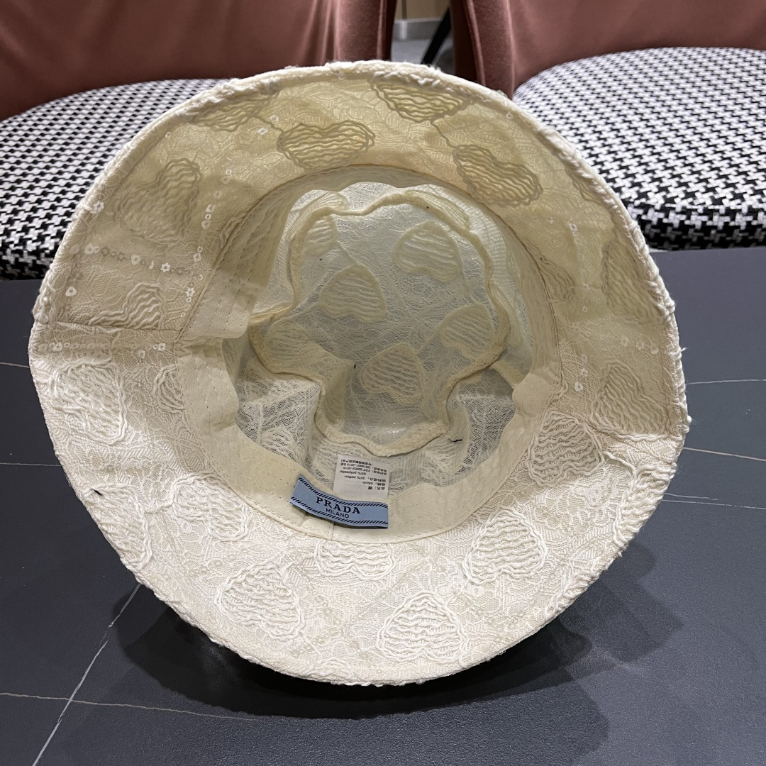  PRADA普拉达 夏季薄款蕾丝亮片显脸小渔夫帽高级感防晒遮阳帽子女夏季百搭太阳帽