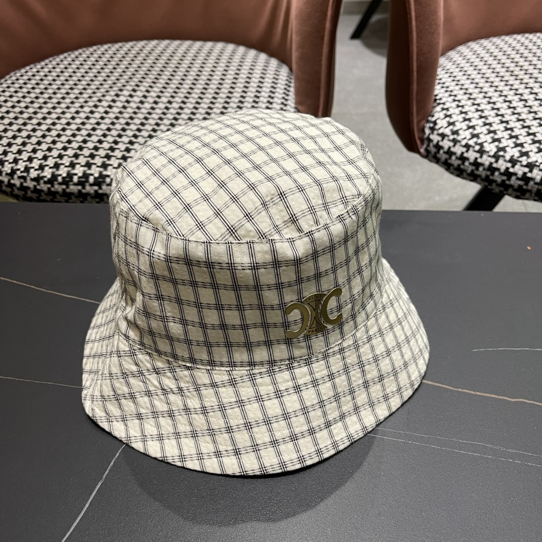  赛琳cellne2025新款条纹格子渔夫帽子女夏季出游遮阳防晒草帽可折叠太阳帽