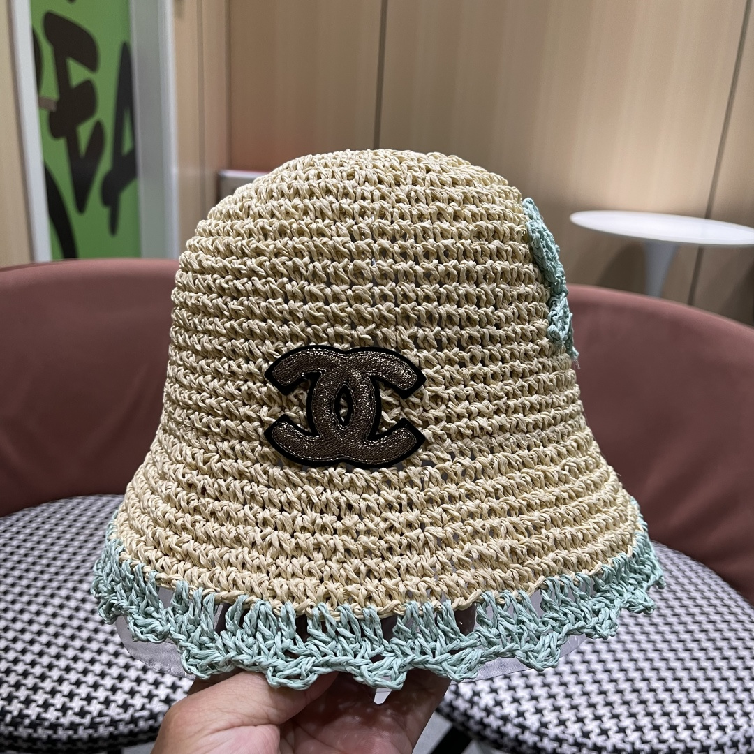  Chanel香奈儿草编渔夫帽子女2024新款夏季透日系小清新显脸小防晒遮阳帽