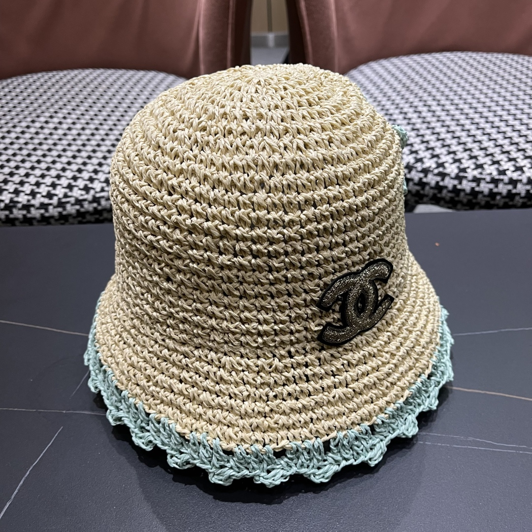  Chanel香奈儿草编渔夫帽子女2024新款夏季透日系小清新显脸小防晒遮阳帽
