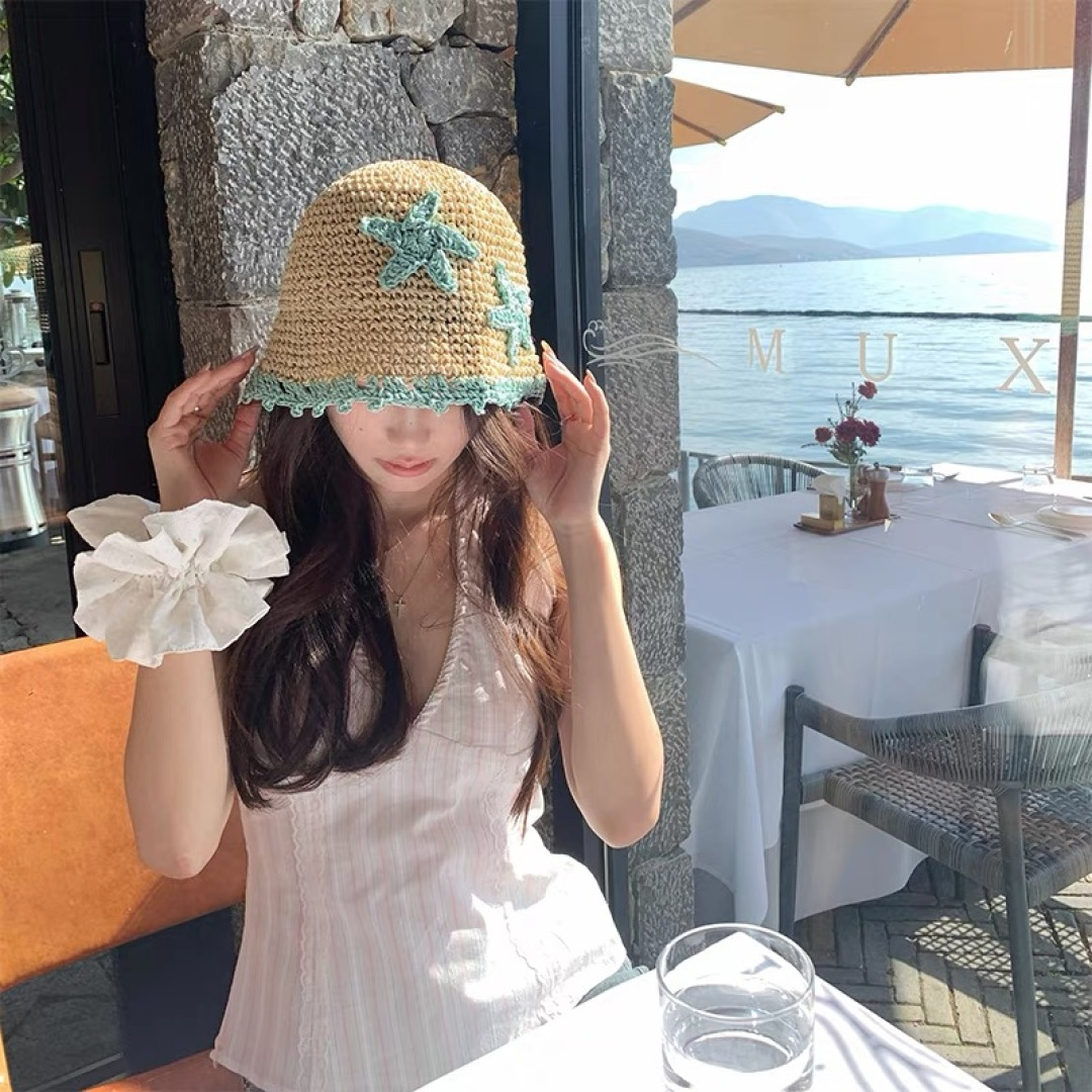  Chanel香奈儿草编渔夫帽子女2024新款夏季透日系小清新显脸小防晒遮阳帽