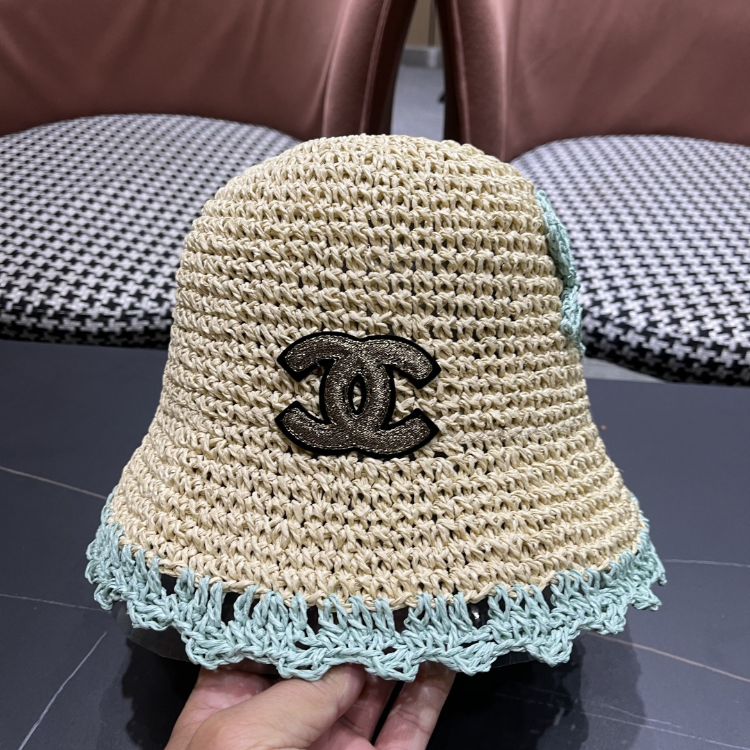  Chanel香奈儿草编渔夫帽子女2024新款夏季透日系小清新显脸小防晒遮阳帽
