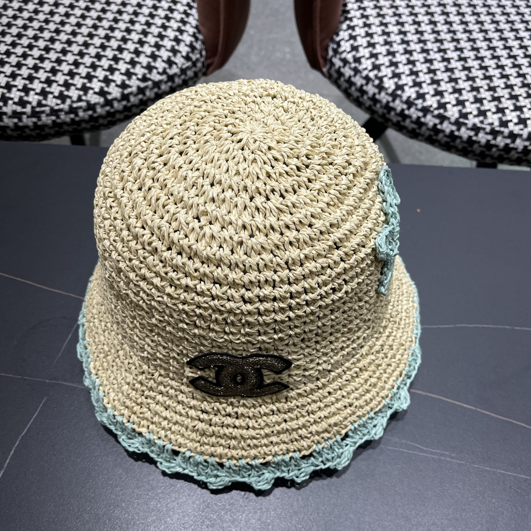  Chanel香奈儿草编渔夫帽子女2024新款夏季透日系小清新显脸小防晒遮阳帽