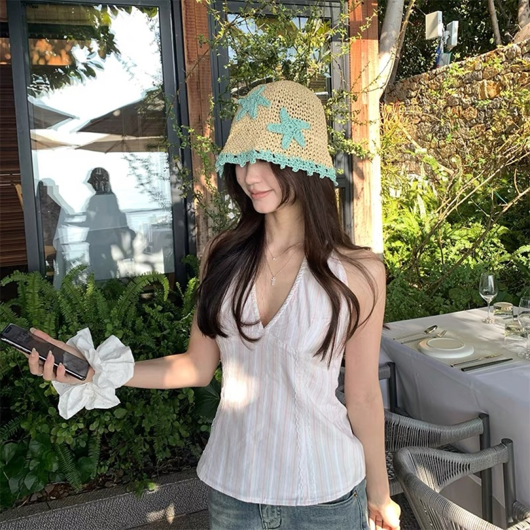  Chanel香奈儿草编渔夫帽子女2024新款夏季透日系小清新显脸小防晒遮阳帽