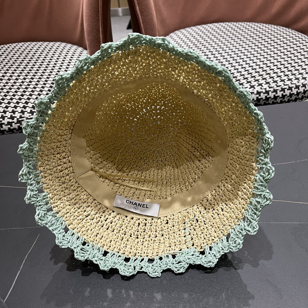  Chanel香奈儿草编渔夫帽子女2024新款夏季透日系小清新显脸小防晒遮阳帽