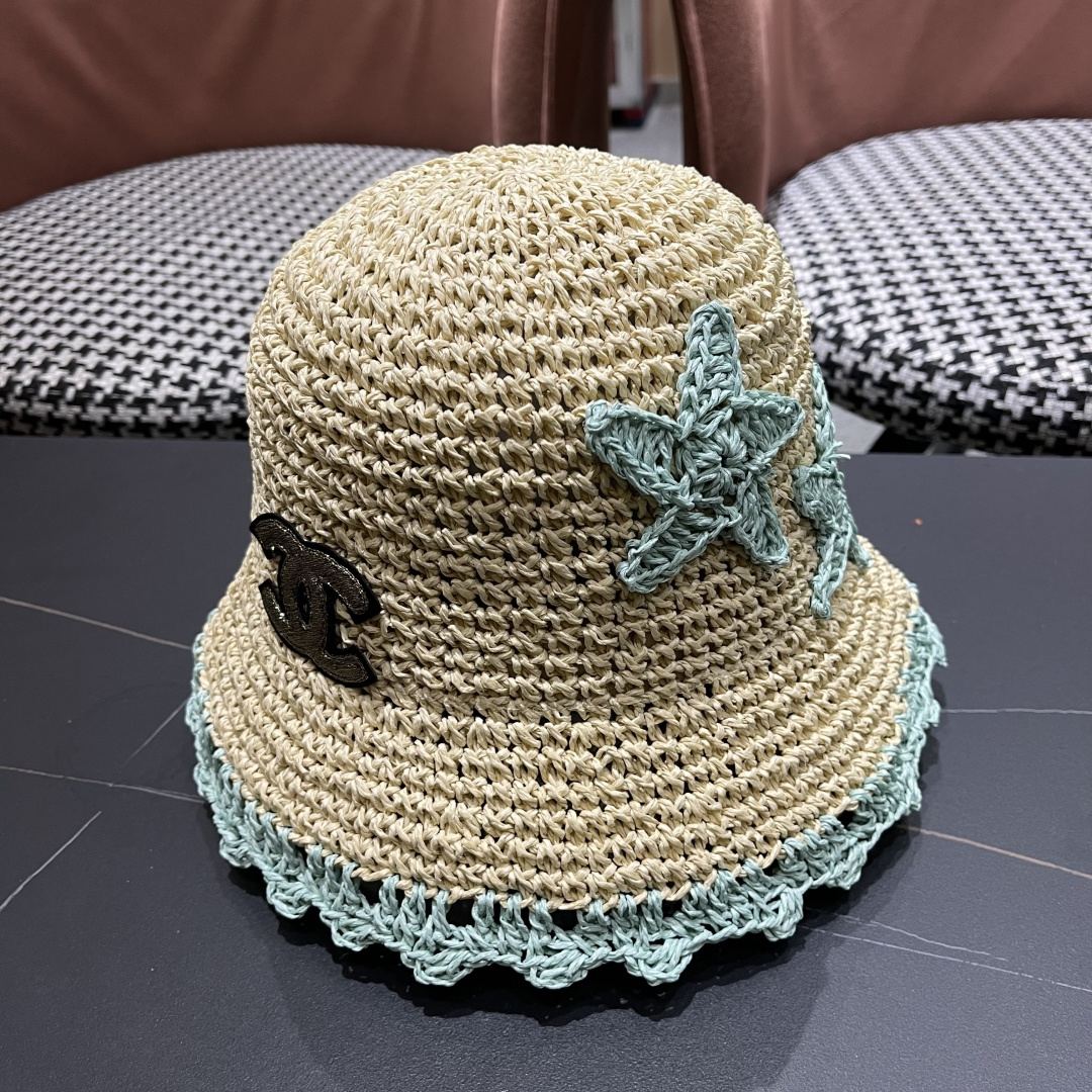  Chanel香奈儿草编渔夫帽子女2024新款夏季透日系小清新显脸小防晒遮阳帽