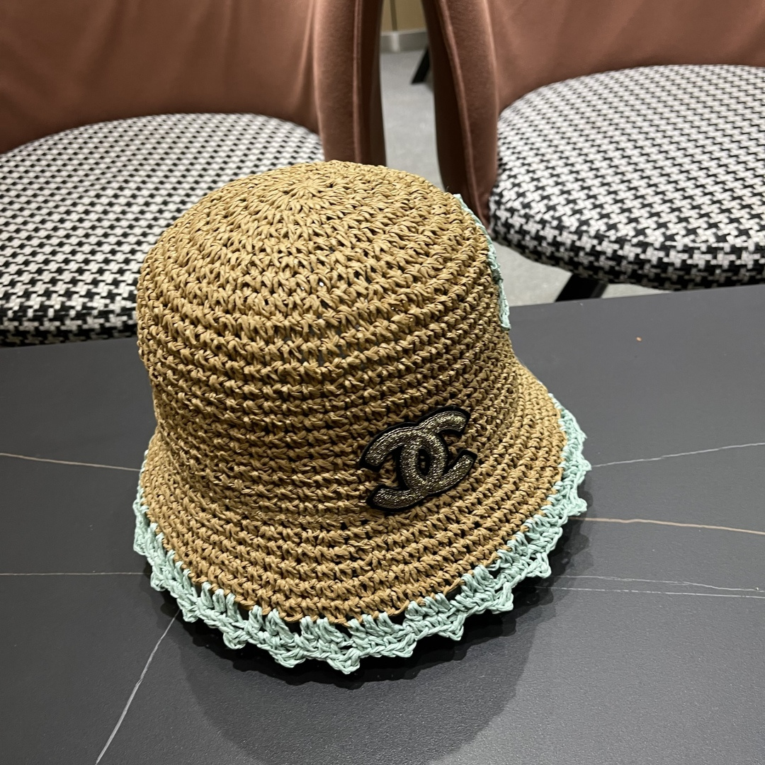  Chanel香奈儿草编渔夫帽子女2024新款夏季透日系小清新显脸小防晒遮阳帽