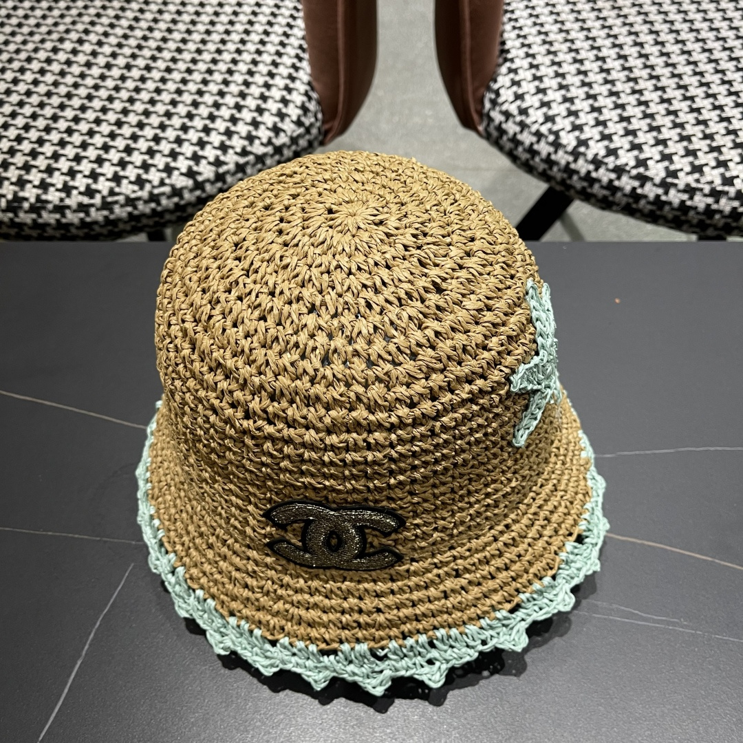  Chanel香奈儿草编渔夫帽子女2024新款夏季透日系小清新显脸小防晒遮阳帽