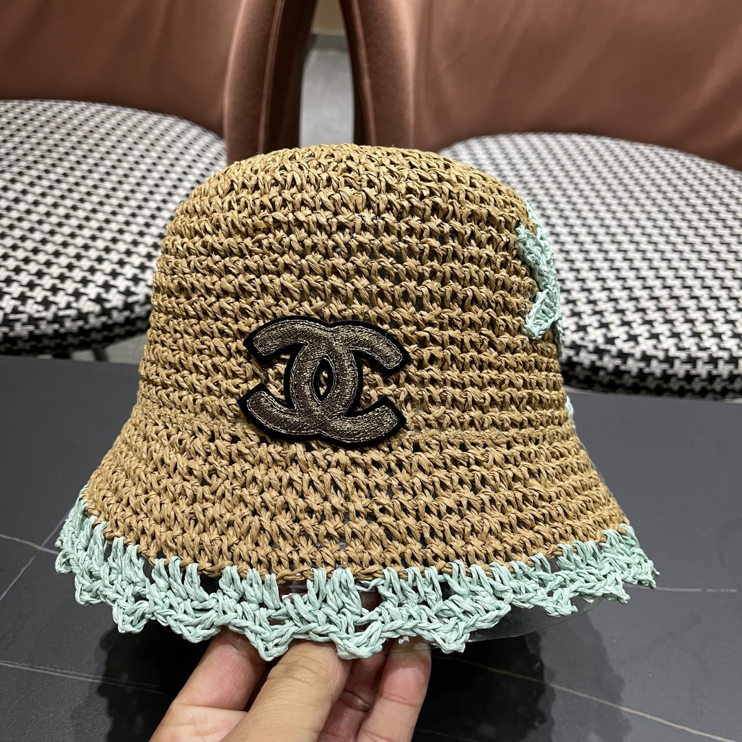  Chanel香奈儿草编渔夫帽子女2024新款夏季透日系小清新显脸小防晒遮阳帽