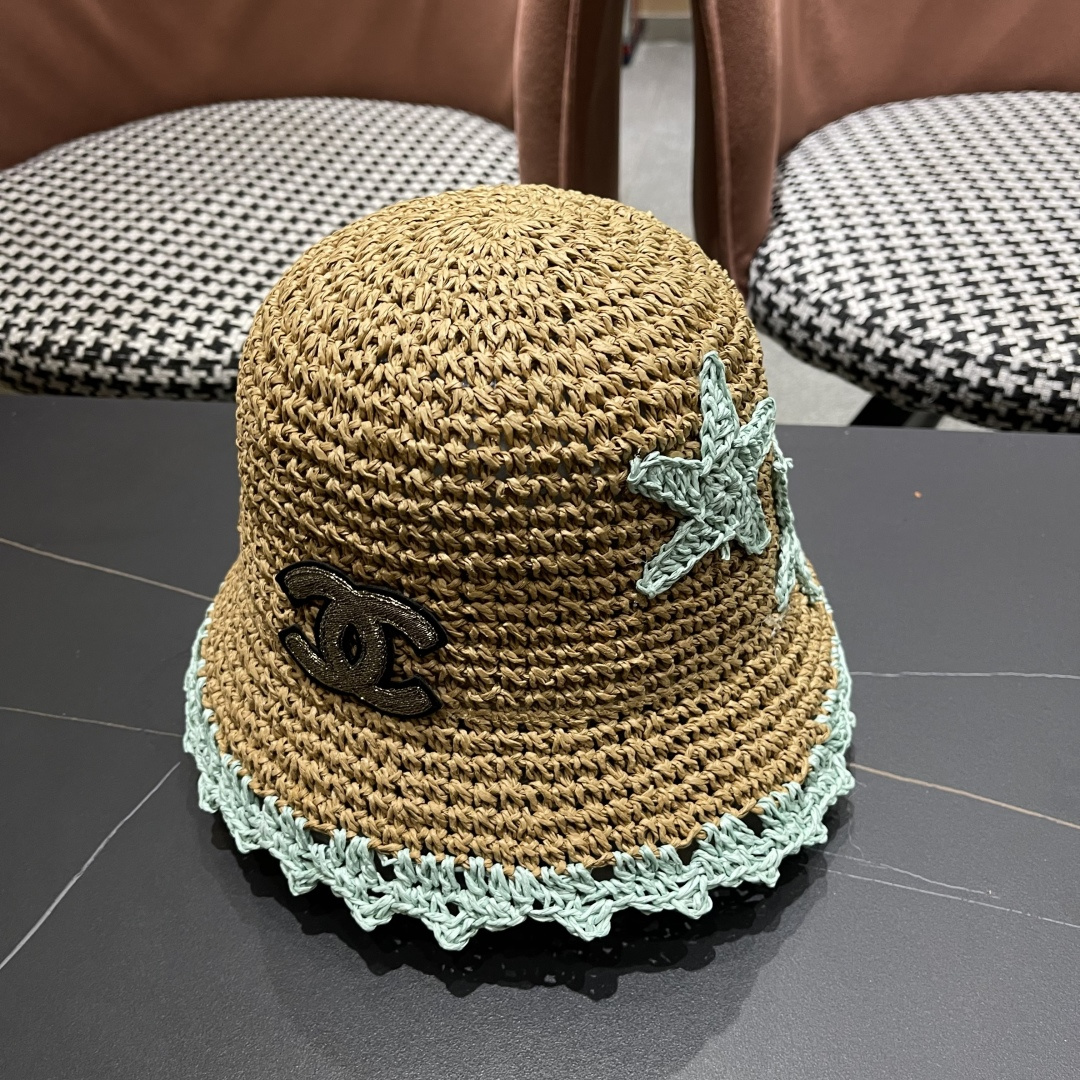  Chanel香奈儿草编渔夫帽子女2024新款夏季透日系小清新显脸小防晒遮阳帽