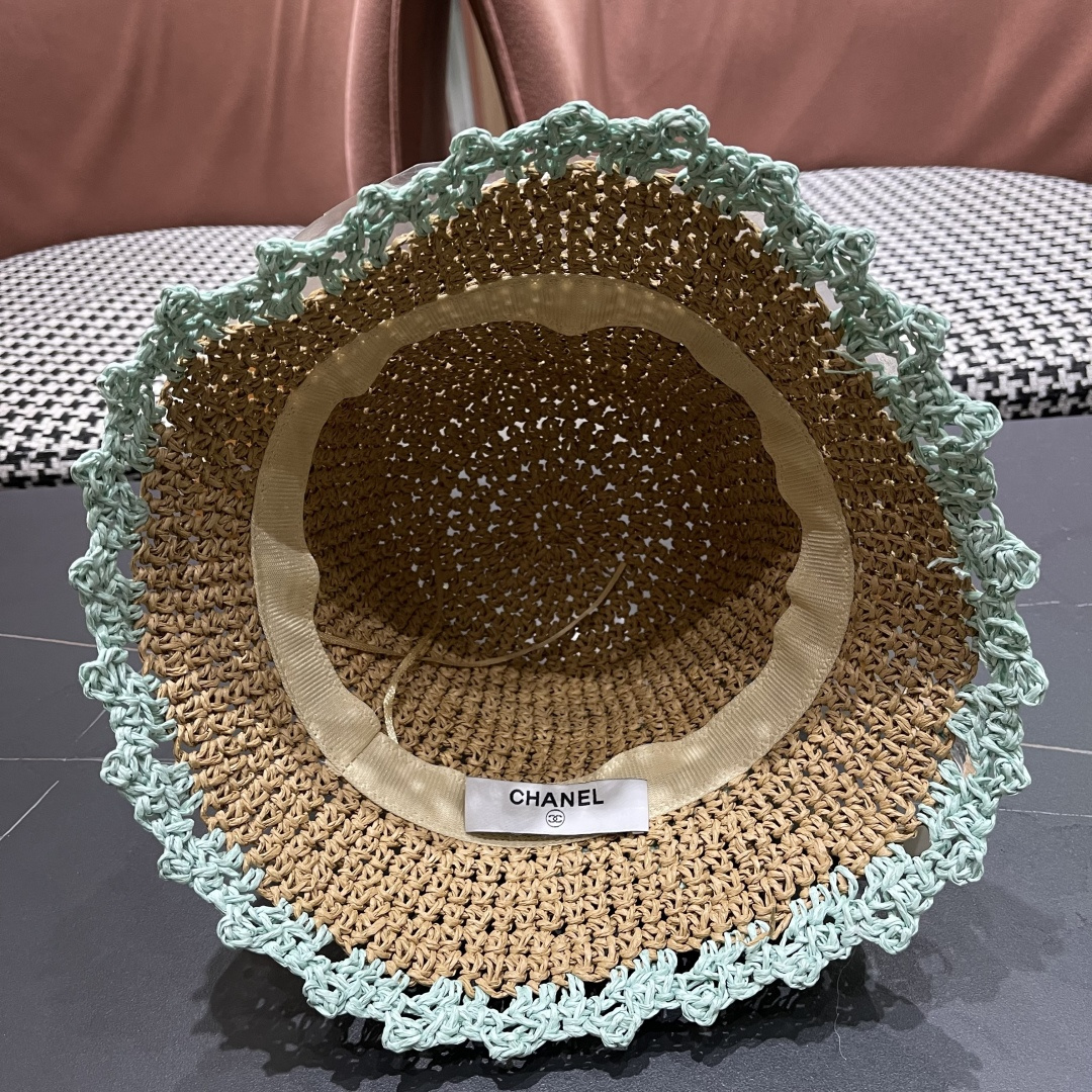  Chanel香奈儿草编渔夫帽子女2024新款夏季透日系小清新显脸小防晒遮阳帽