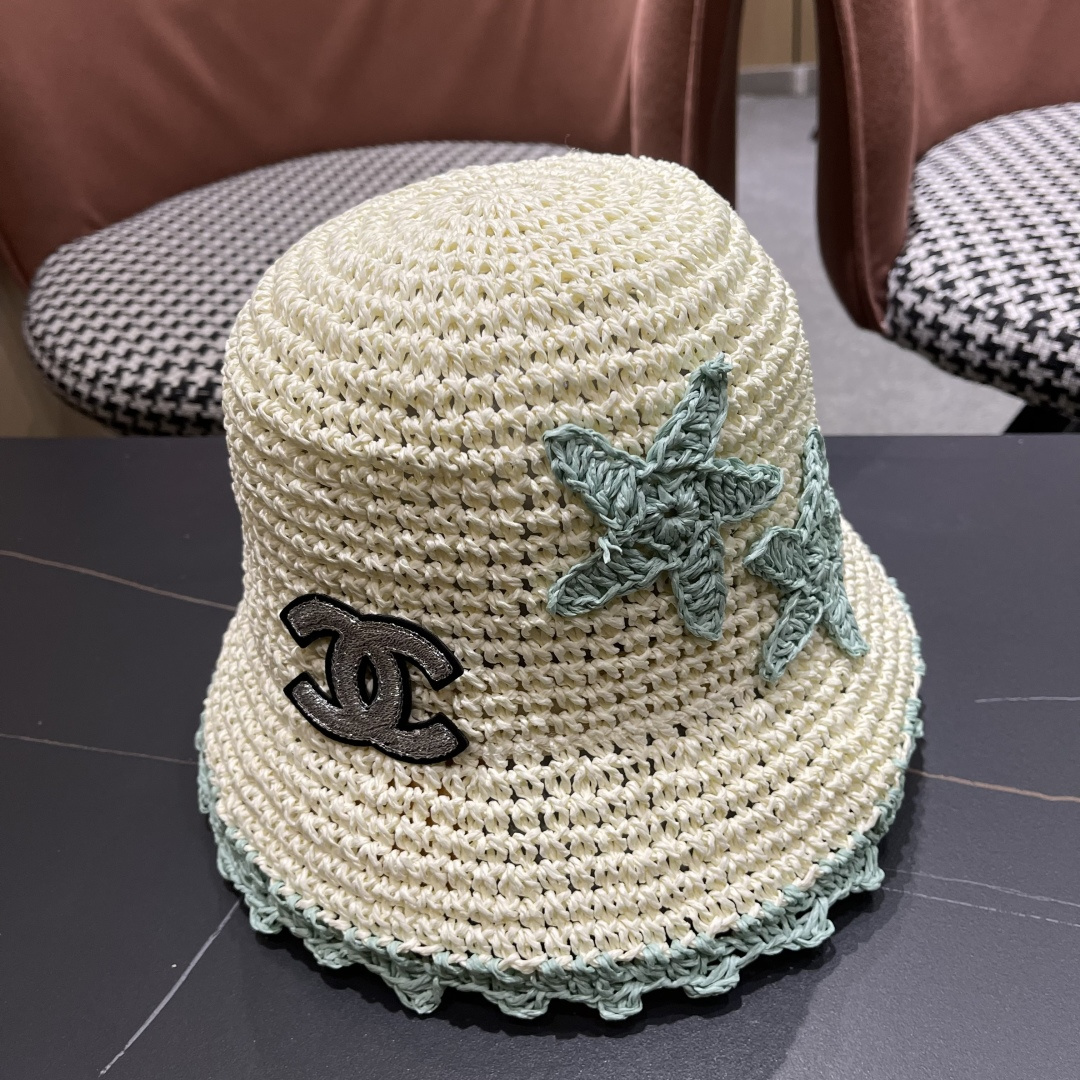  Chanel香奈儿草编渔夫帽子女2024新款夏季透日系小清新显脸小防晒遮阳帽