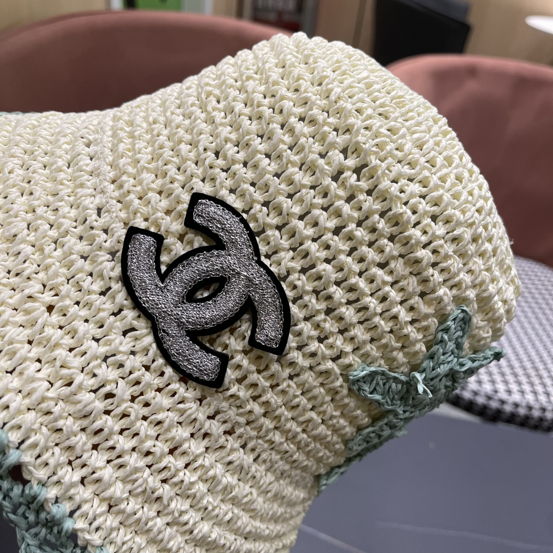  Chanel香奈儿草编渔夫帽子女2024新款夏季透日系小清新显脸小防晒遮阳帽