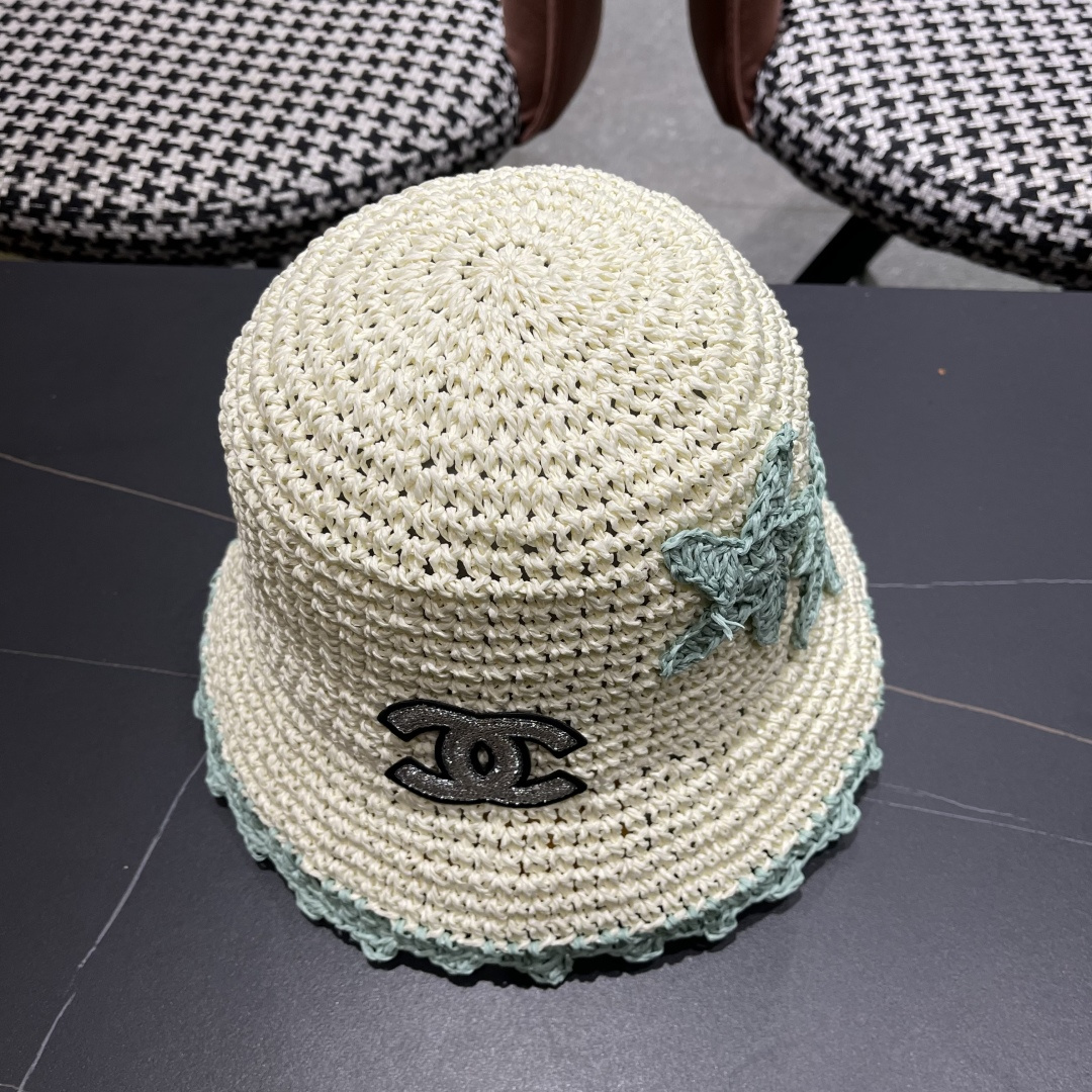  Chanel香奈儿草编渔夫帽子女2024新款夏季透日系小清新显脸小防晒遮阳帽