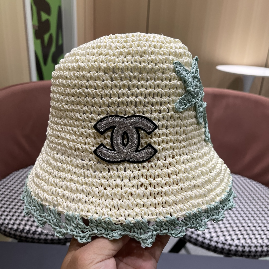  Chanel香奈儿草编渔夫帽子女2024新款夏季透日系小清新显脸小防晒遮阳帽