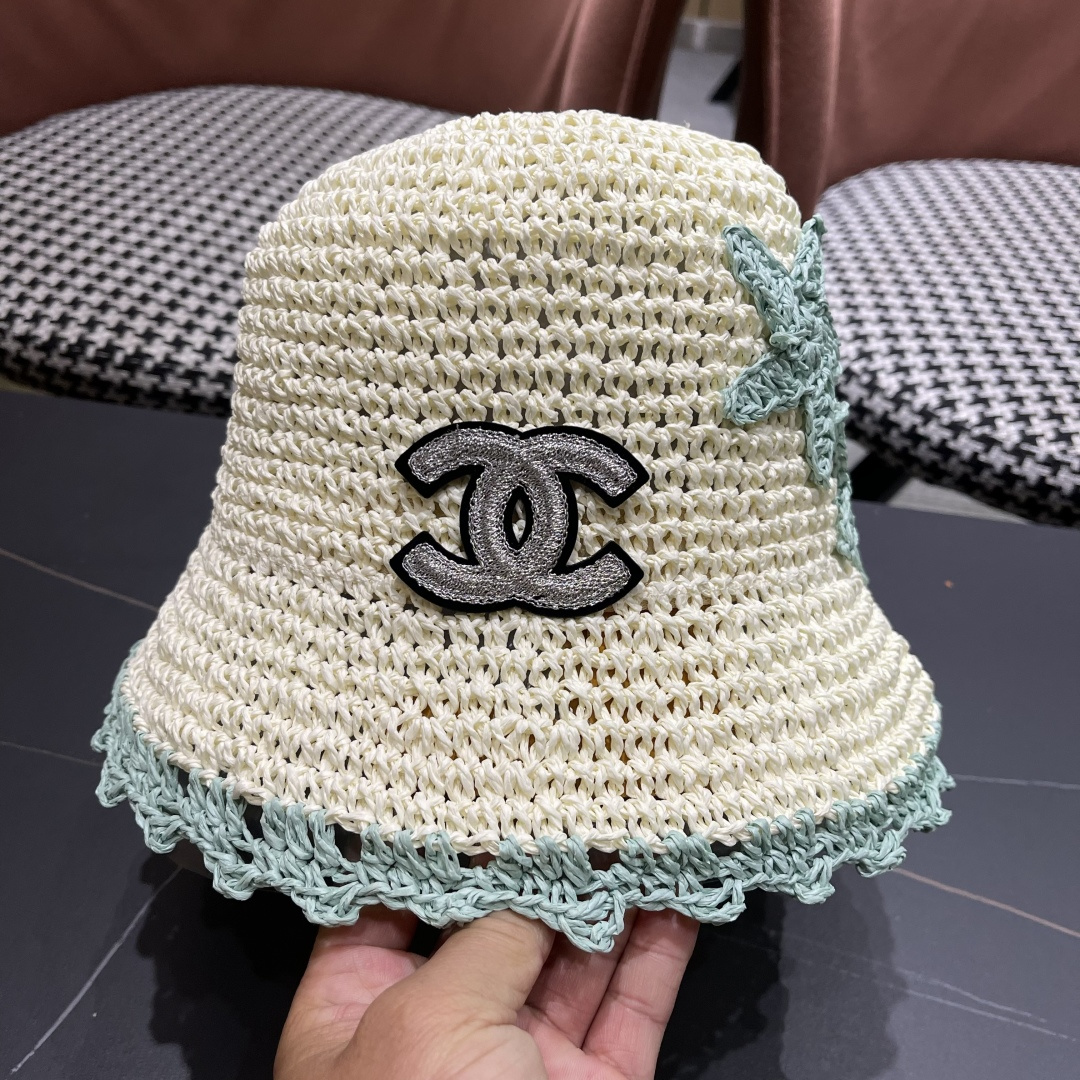  Chanel香奈儿草编渔夫帽子女2024新款夏季透日系小清新显脸小防晒遮阳帽
