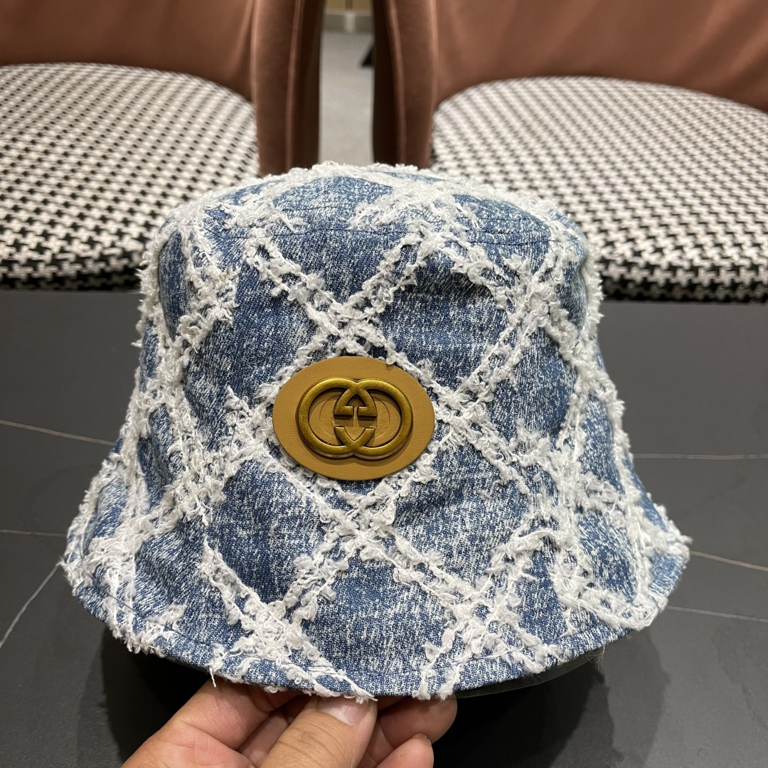  古奇Gucci渔夫帽春夏季百搭时尚牛仔水洗女日系防晒遮阳盆帽现货
