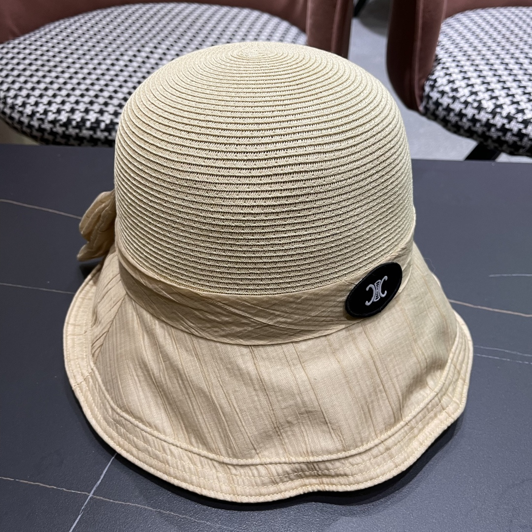  Celine赛琳女夏季蝴蝶结草帽时尚优雅透气黑胶遮阳帽防晒盆帽沙滩帽太阳帽